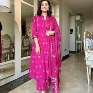 Women's Cotton Embroidered Anarkali Kurti with Pant and Dupatta Set
