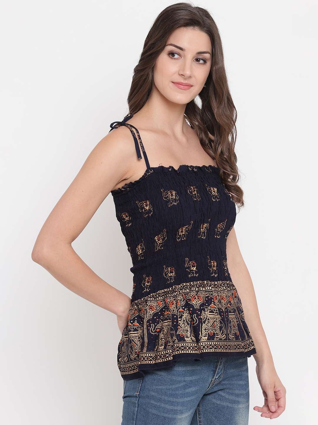 Women's Rayon Elephant Print Casual Summer Style Tie Shoulder Straps Free Size Tank Top ( Navy Blue Gold Pattern)