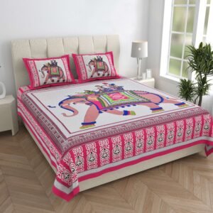 Rajasthani Traditionally Printed Cotton Doublebed Bedsheet With Pack of 2 Pillow Covers