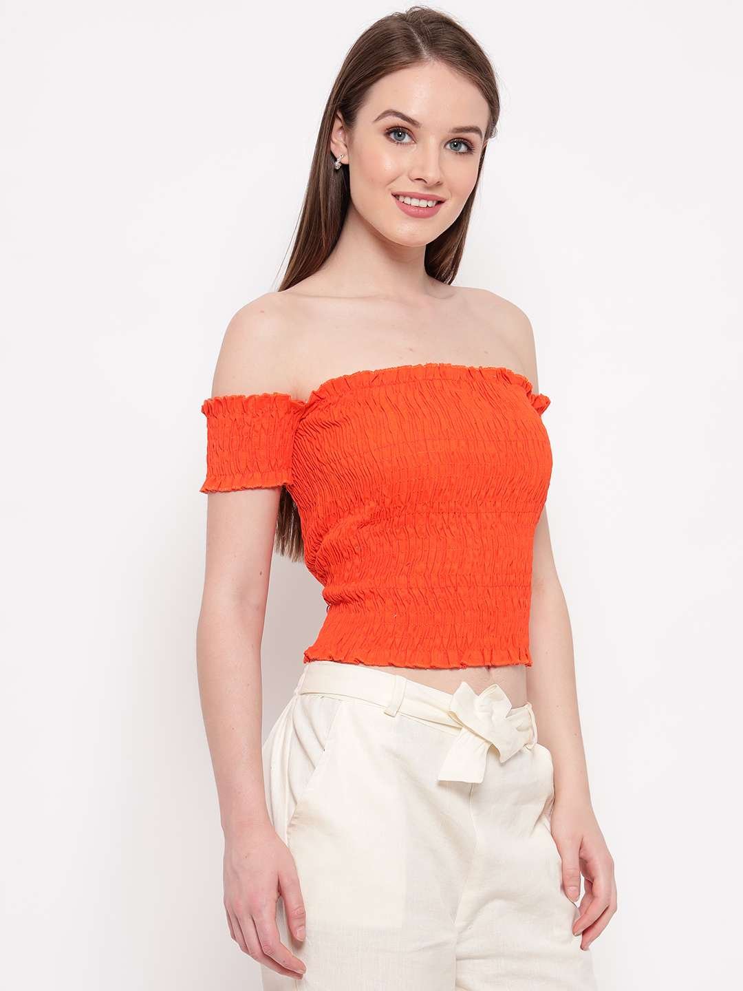 Women's Rayon Solid Off-Shoulder Smocked Crop Top Short Sleeve Casual Styles Tank Top (FREE SIZE) Multi25 - Image 2